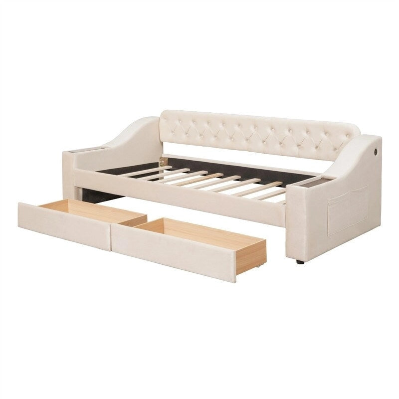 Lit de repos rembourré avec 2 tiroirs de rangement, cadre de lit de repos double avec accoudoirs de rangement et port USB, cadre de lit-canapé pour chambre à coucher
