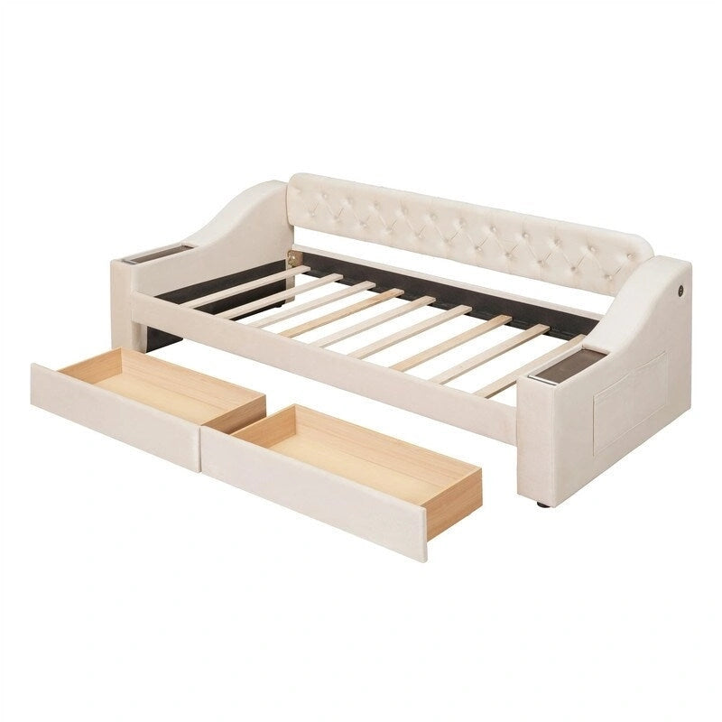 Lit de repos rembourré avec 2 tiroirs de rangement, cadre de lit de repos double avec accoudoirs de rangement et port USB, cadre de lit-canapé pour chambre à coucher