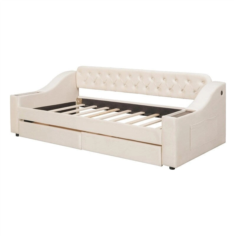 Lit de repos rembourré avec 2 tiroirs de rangement, cadre de lit de repos double avec accoudoirs de rangement et port USB, cadre de lit-canapé pour chambre à coucher