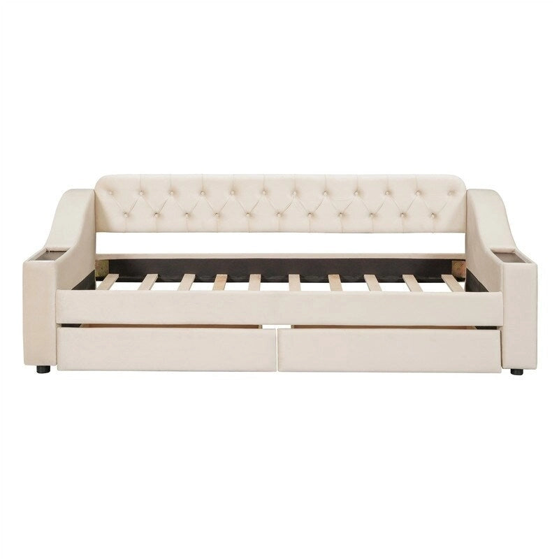 Lit de repos rembourré avec 2 tiroirs de rangement, cadre de lit de repos double avec accoudoirs de rangement et port USB, cadre de lit-canapé pour chambre à coucher