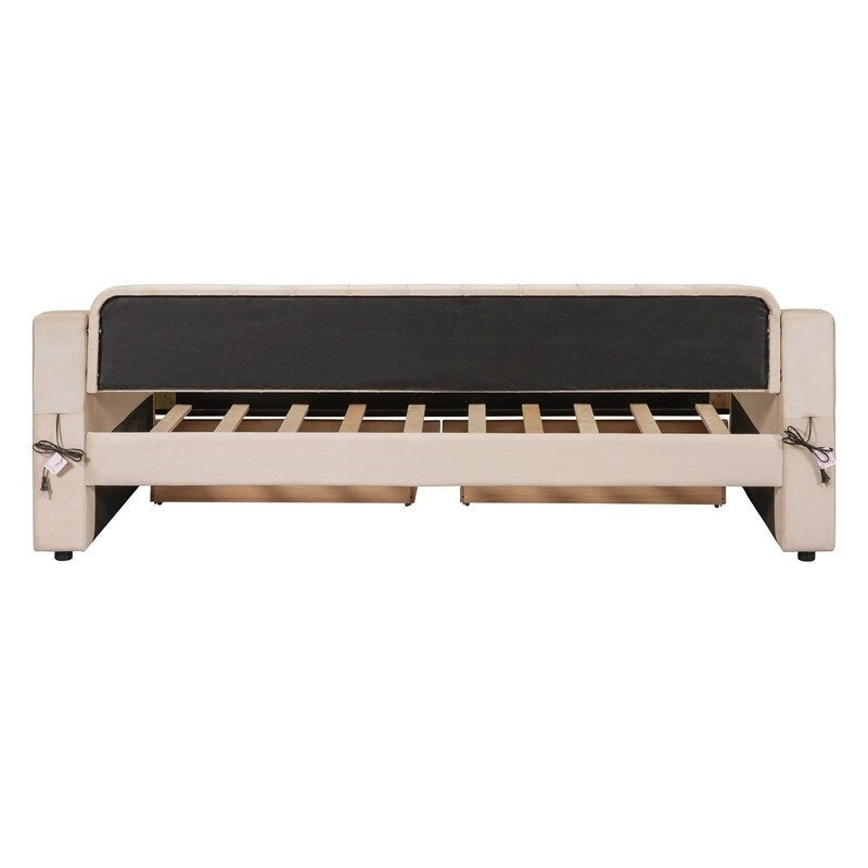 Lit de repos rembourré avec 2 tiroirs de rangement, cadre de lit de repos double avec accoudoirs de rangement et port USB, cadre de lit-canapé pour chambre à coucher