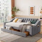 Lit de repos rembourré avec 2 tiroirs de rangement, cadre de lit de repos double avec accoudoirs de rangement et port USB, cadre de lit-canapé pour chambre à coucher