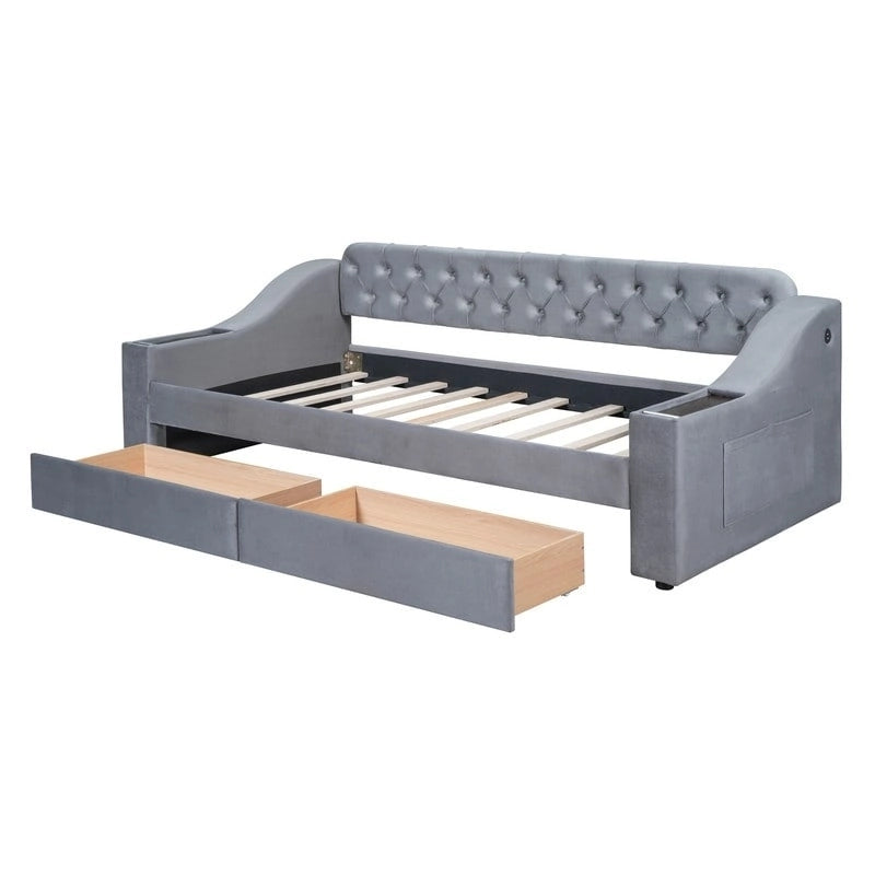 Lit de repos rembourré avec 2 tiroirs de rangement, cadre de lit de repos double avec accoudoirs de rangement et port USB, cadre de lit-canapé pour chambre à coucher