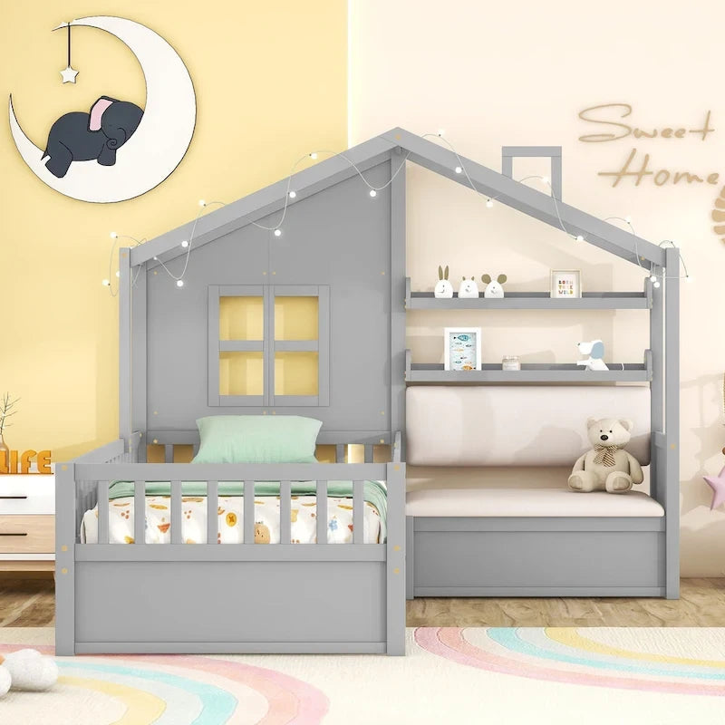 Lit cabane jumeau avec canapé, lit plateforme pour enfants avec deux tiroirs et étagère de rangement, gris