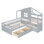 Lit cabane jumeau avec canapé, lit plateforme pour enfants avec deux tiroirs et étagère de rangement, gris