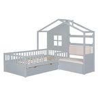 Lit cabane jumeau avec canapé, lit plateforme pour enfants avec deux tiroirs et étagère de rangement, gris