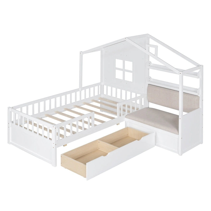 Lit cabane jumeau avec canapé, lit plateforme pour enfants avec deux tiroirs et étagère de rangement, gris