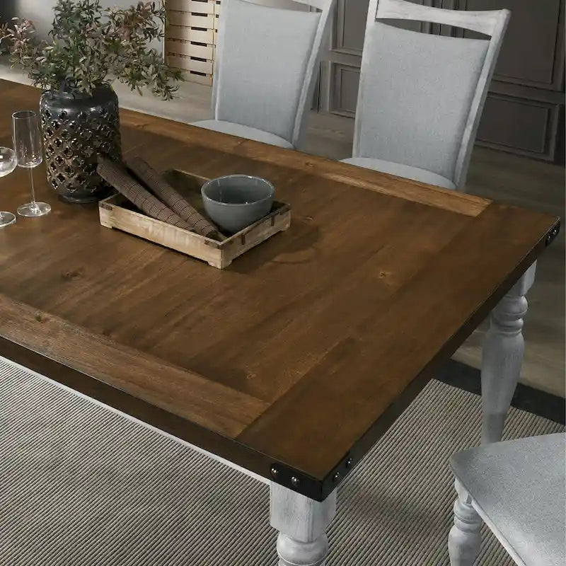 Table à manger rustique bicolore blanc et chêne avec pieds tournés