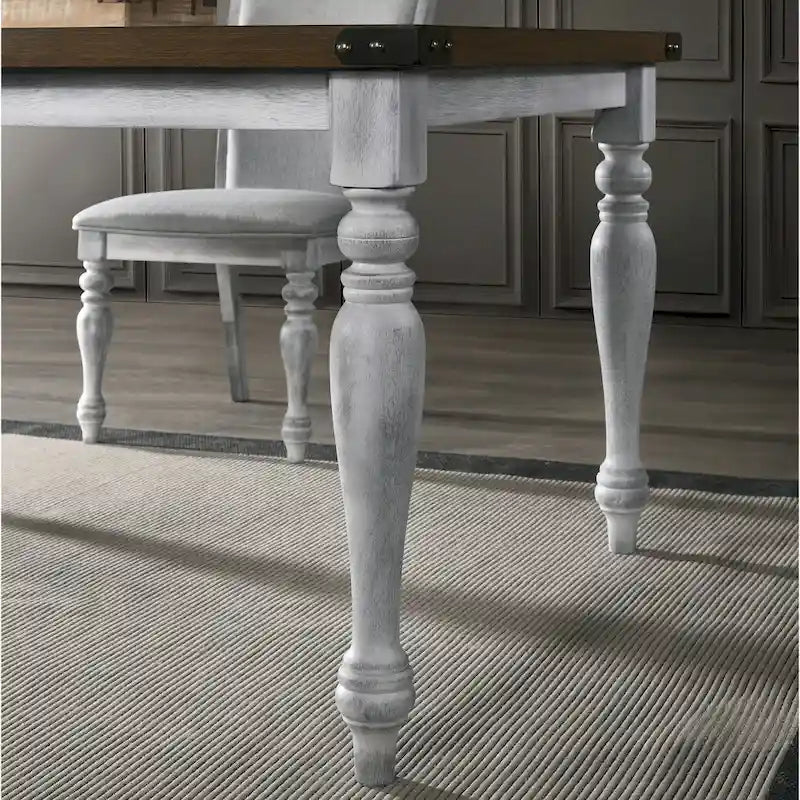 Table à manger rustique bicolore blanc et chêne avec pieds tournés