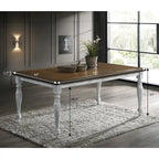 Table à manger rustique bicolore blanc et chêne avec pieds tournés