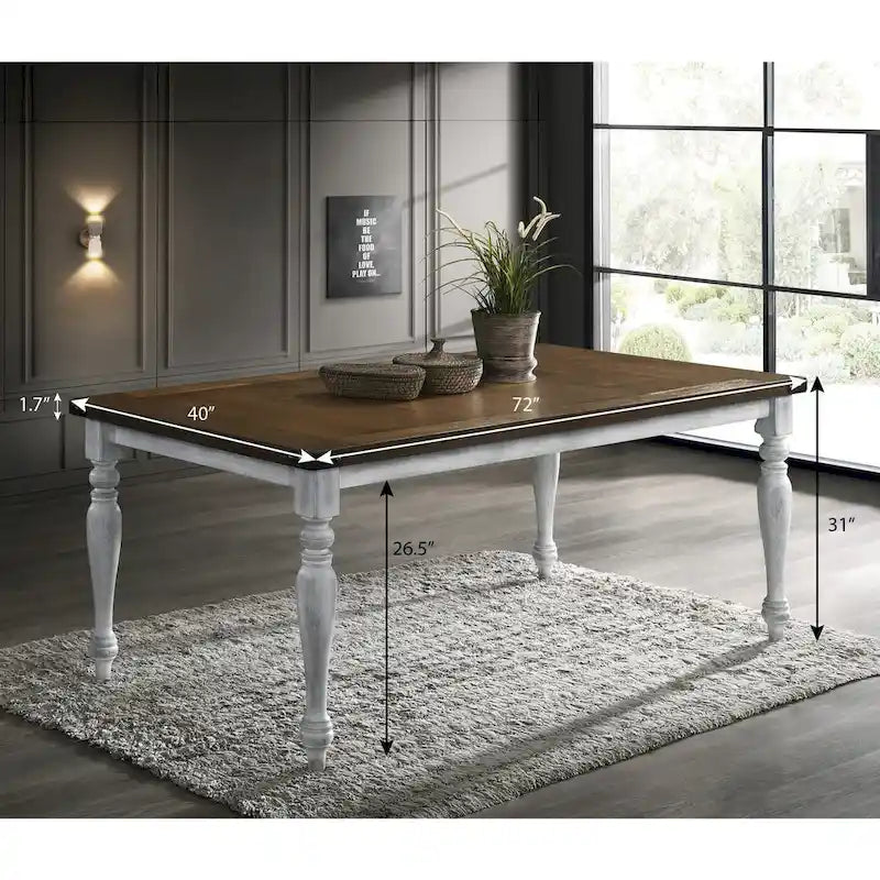 Table à manger rustique bicolore blanc et chêne avec pieds tournés