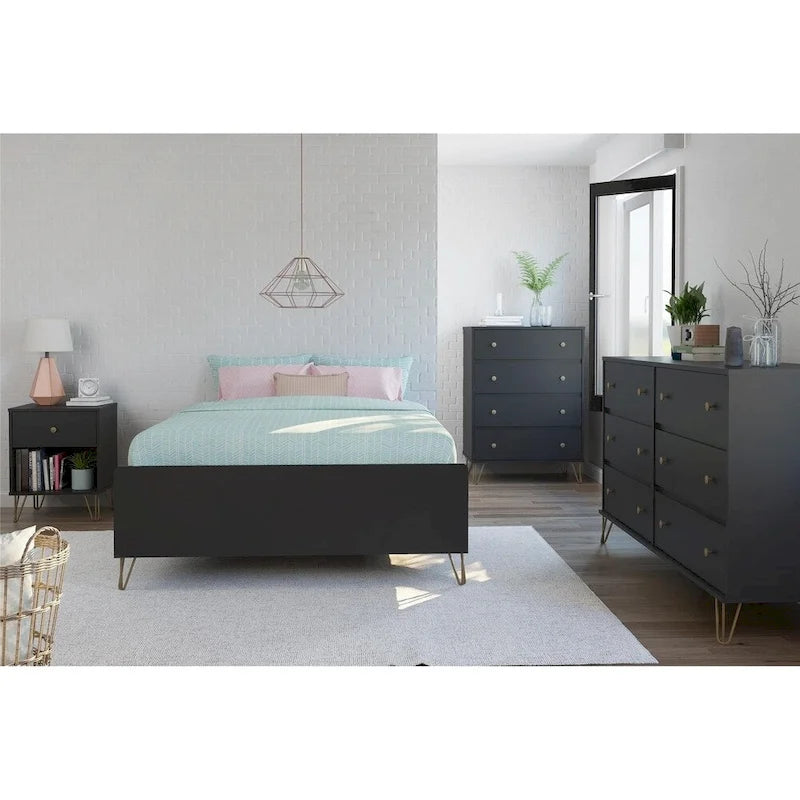 Table de chevet noire avec 2 tiroirs, rangement de chambre moderne