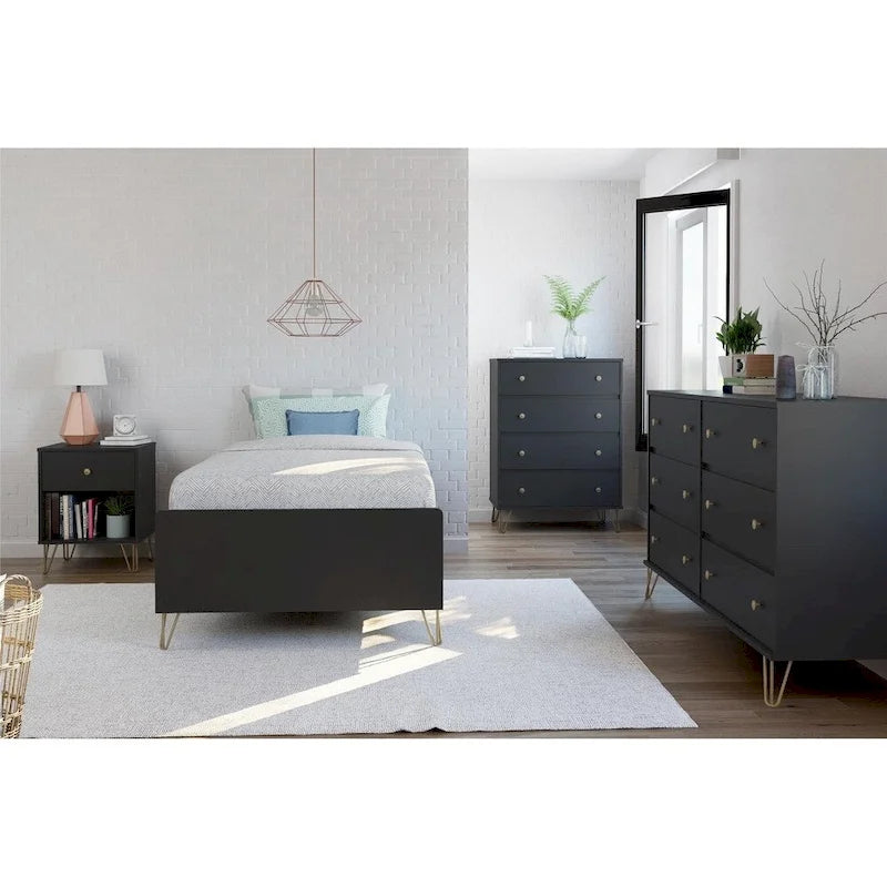 Table de chevet noire avec 2 tiroirs, rangement de chambre moderne