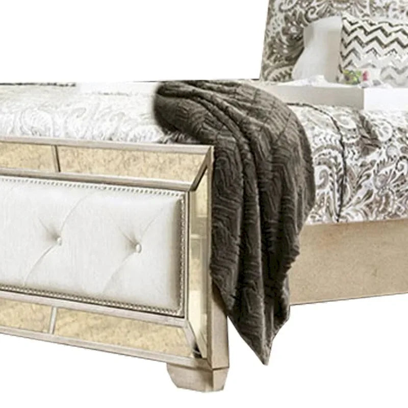 Lit Queen Size en Bois Rembourré en Similicuir, Or et Argent