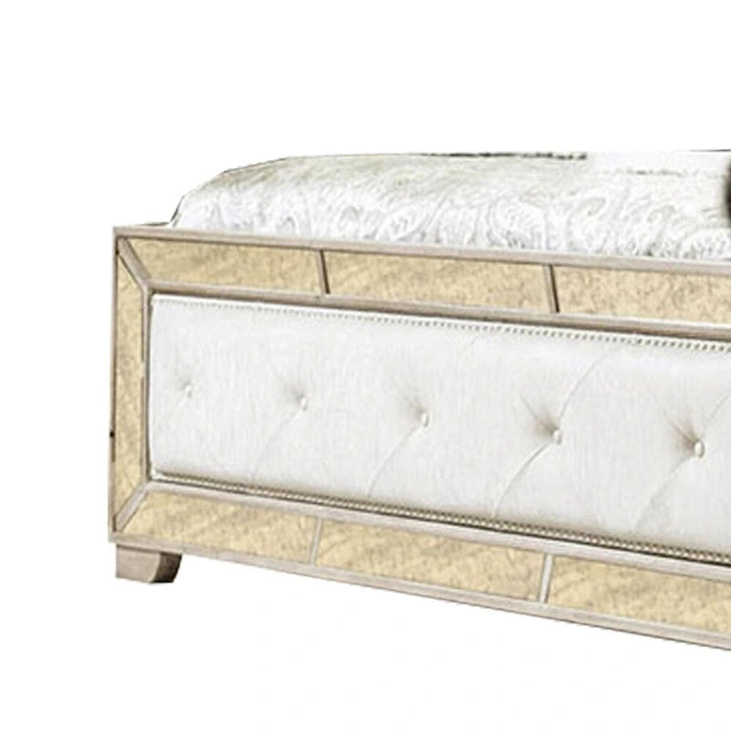 Lit Queen Size en Bois Rembourré en Similicuir, Or et Argent