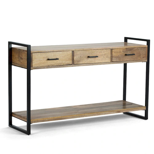 Console/Table d'appoint industrielle moderne 54", en bois de manguier massif et métal, couleur naturelle