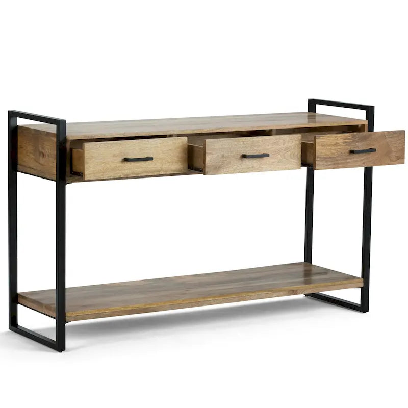 Console/Table d'appoint industrielle moderne 54", en bois de manguier massif et métal, couleur naturelle
