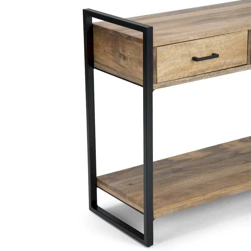 Console/Table d'appoint industrielle moderne 54", en bois de manguier massif et métal, couleur naturelle