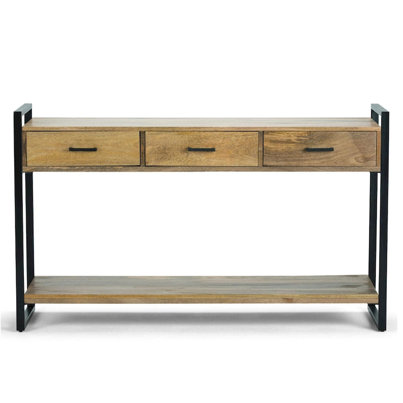 Console/Table d'appoint industrielle moderne 54", en bois de manguier massif et métal, couleur naturelle