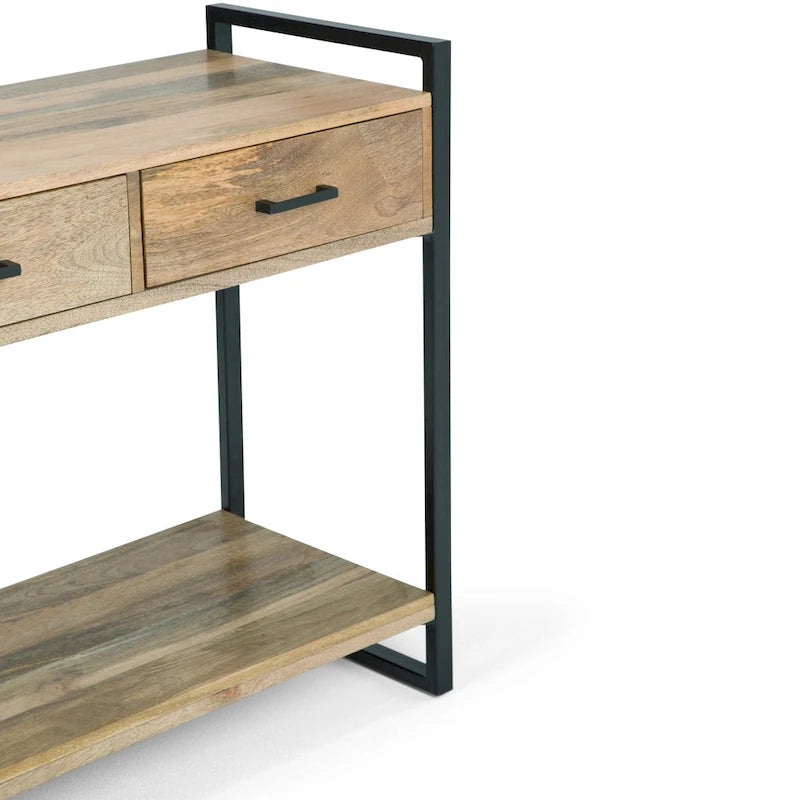 Console/Table d'appoint industrielle moderne 54", en bois de manguier massif et métal, couleur naturelle