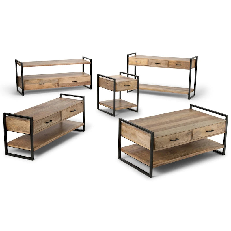 Console/Table d'appoint industrielle moderne 54", en bois de manguier massif et métal, couleur naturelle
