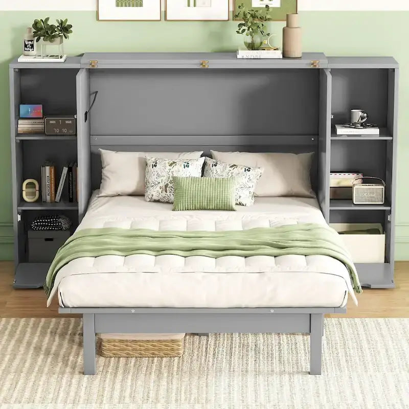 Lit escamotable Queen Size avec étagères, tiroirs et ports USB, Gris