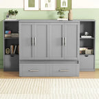 Lit escamotable Queen Size avec étagères, tiroirs et ports USB, Gris