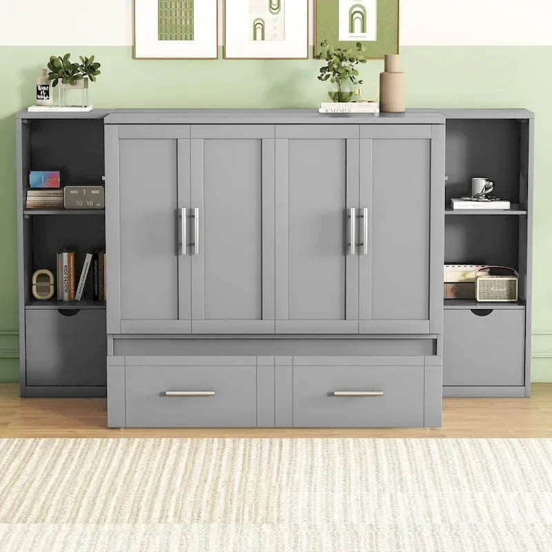 Lit escamotable Queen Size avec étagères, tiroirs et ports USB, Gris