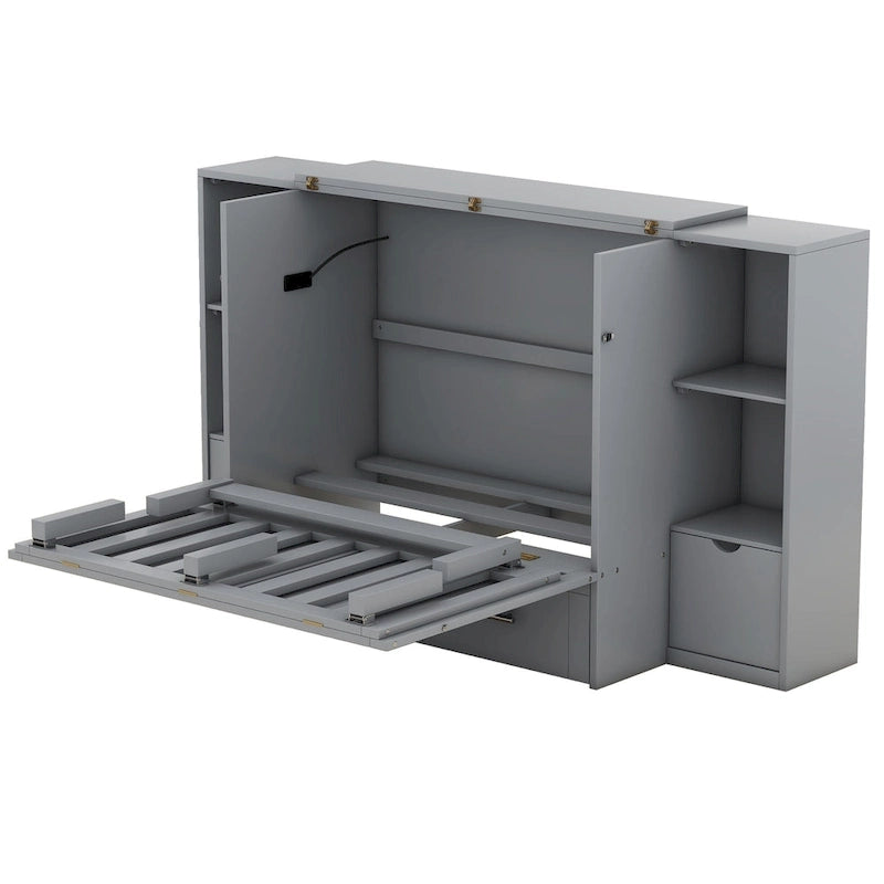 Lit escamotable Queen Size avec étagères, tiroirs et ports USB, Gris