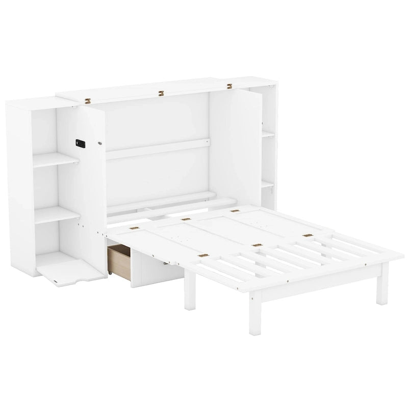 Lit escamotable Queen Size avec étagères, tiroirs et ports USB, Gris