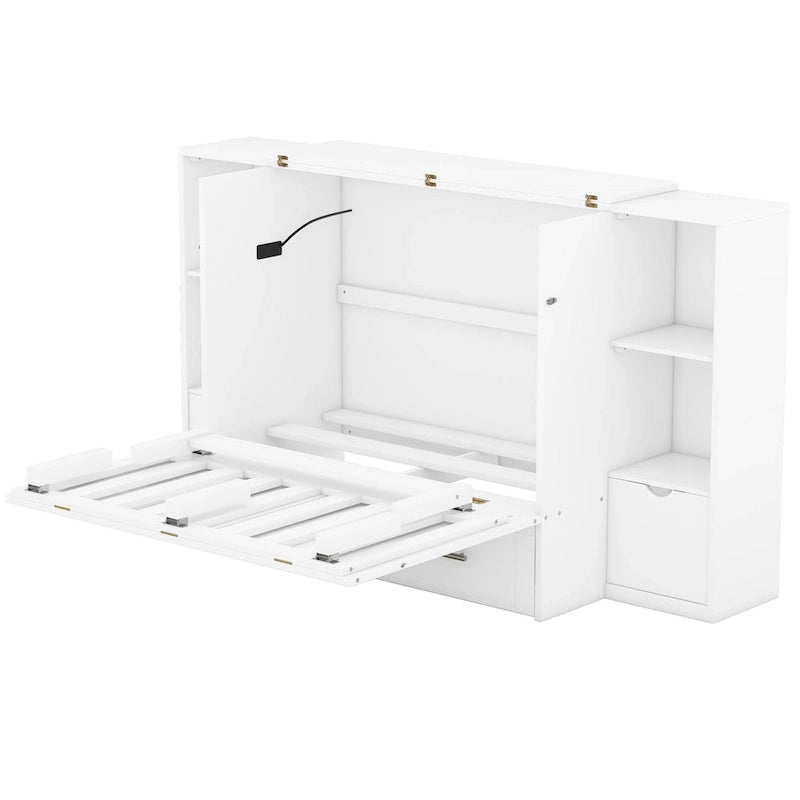 Lit escamotable Queen Size avec étagères, tiroirs et ports USB, Gris