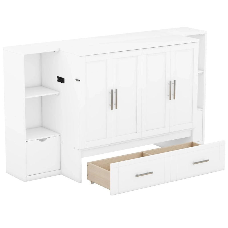 Lit escamotable Queen Size avec étagères, tiroirs et ports USB, Gris