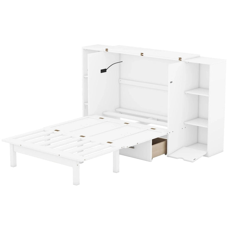 Lit escamotable Queen Size avec étagères, tiroirs et ports USB, Gris