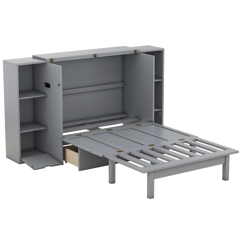 Lit escamotable Queen Size avec étagères, tiroirs et ports USB, Gris