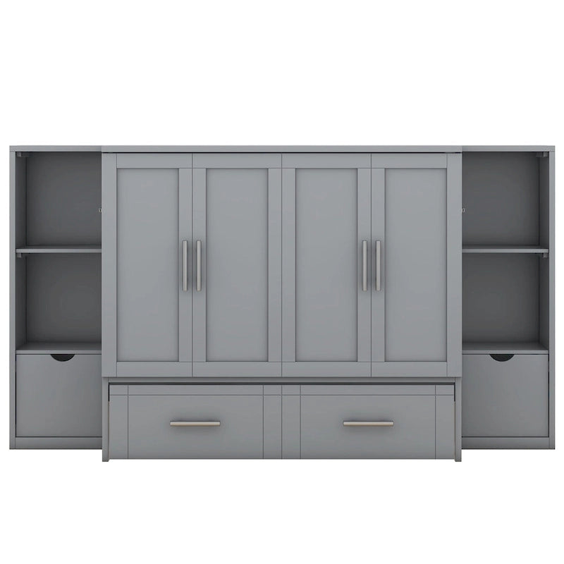 Lit escamotable Queen Size avec étagères, tiroirs et ports USB, Gris