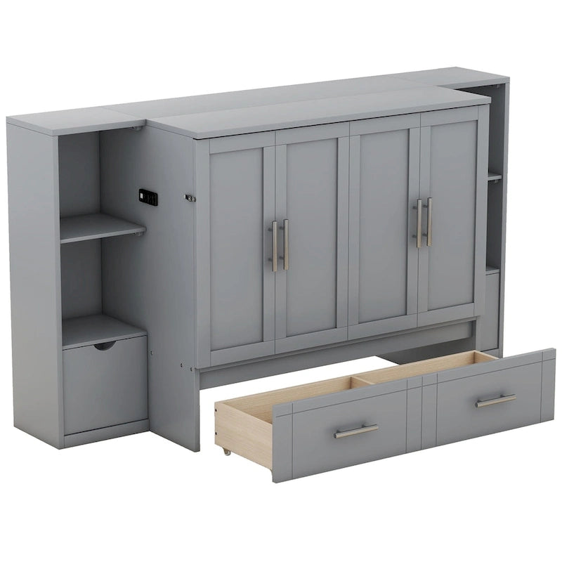 Lit escamotable Queen Size avec étagères, tiroirs et ports USB, Gris