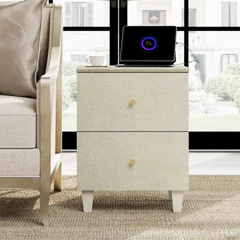 Table d'appoint avec station de recharge et 2 tiroirs, table de chevet moderne pour salon
