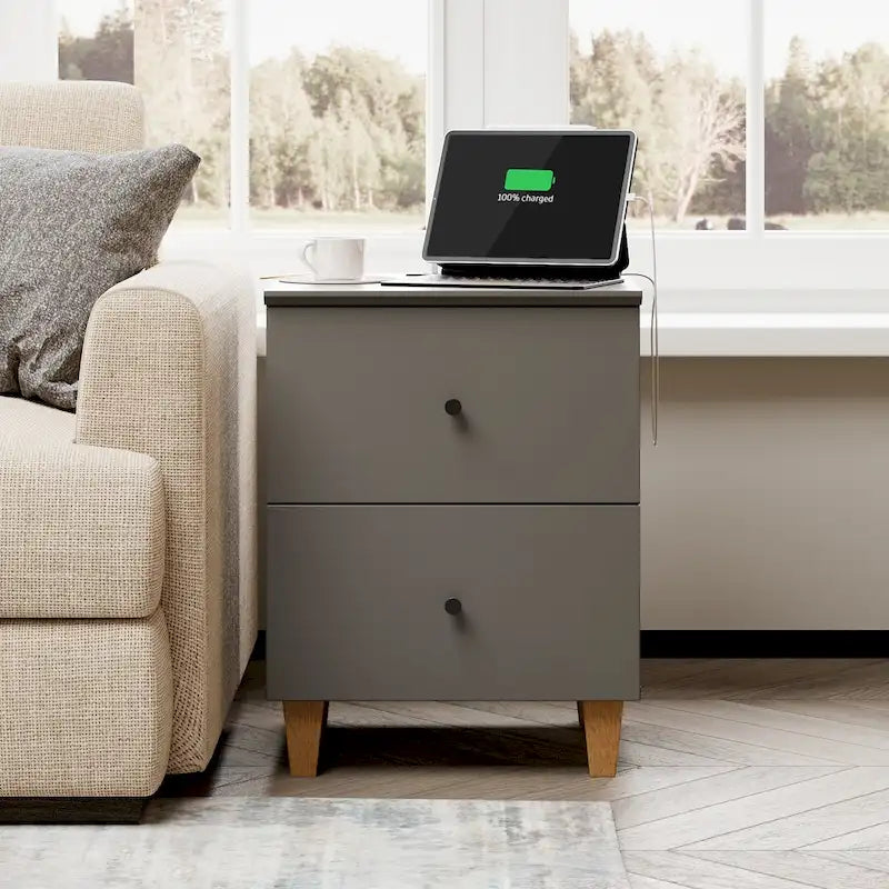 Table d'appoint avec station de recharge et 2 tiroirs, table de chevet moderne pour salon