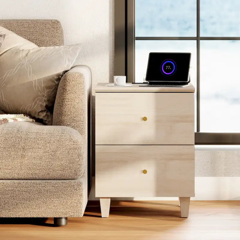 Table d'appoint avec station de recharge et 2 tiroirs, table de chevet moderne pour salon