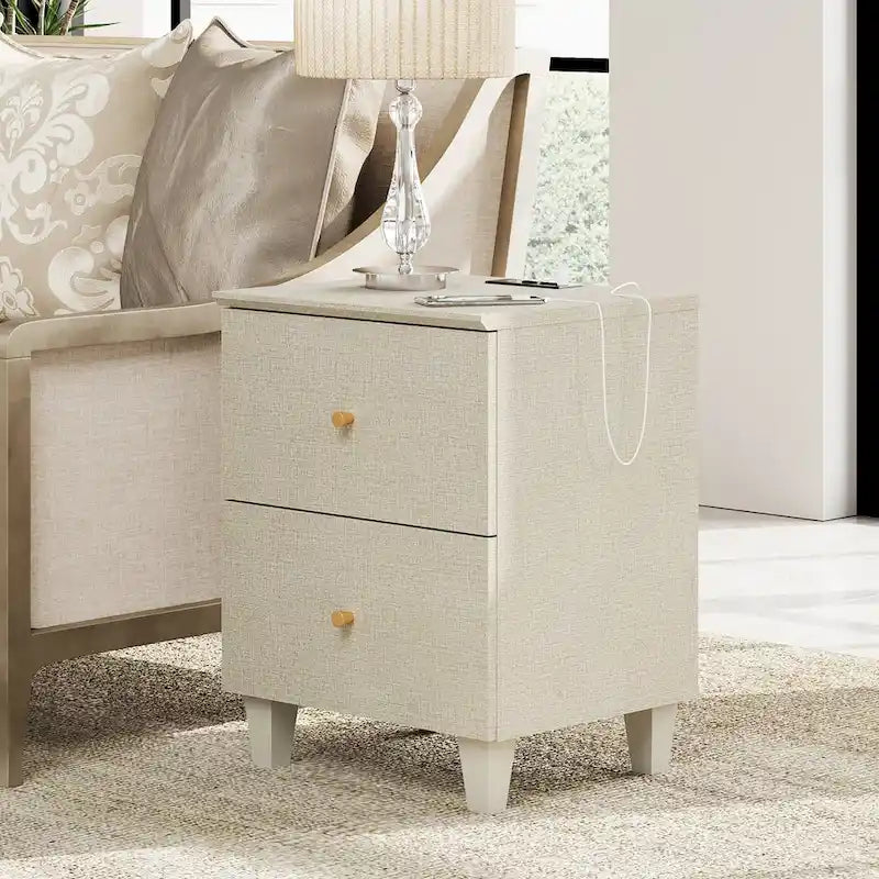 Table d'appoint avec station de recharge et 2 tiroirs, table de chevet moderne pour salon