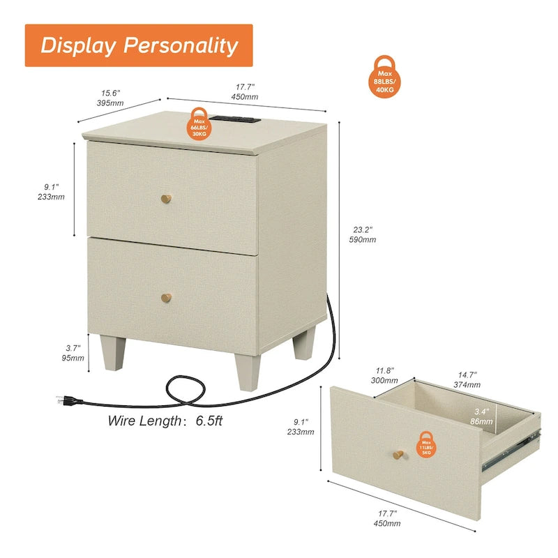 Table d'appoint avec station de recharge et 2 tiroirs, table de chevet moderne pour salon