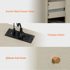 Table d'appoint avec station de recharge et 2 tiroirs, table de chevet moderne pour salon
