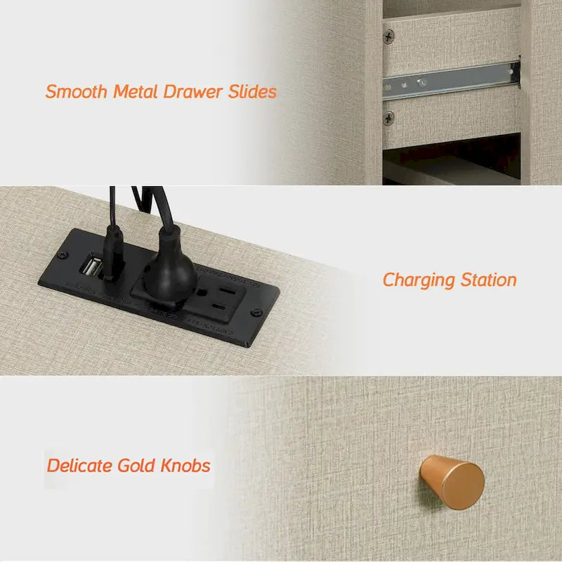 Table d'appoint avec station de recharge et 2 tiroirs, table de chevet moderne pour salon