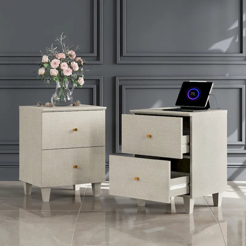 Table d'appoint avec station de recharge et 2 tiroirs, table de chevet moderne pour salon