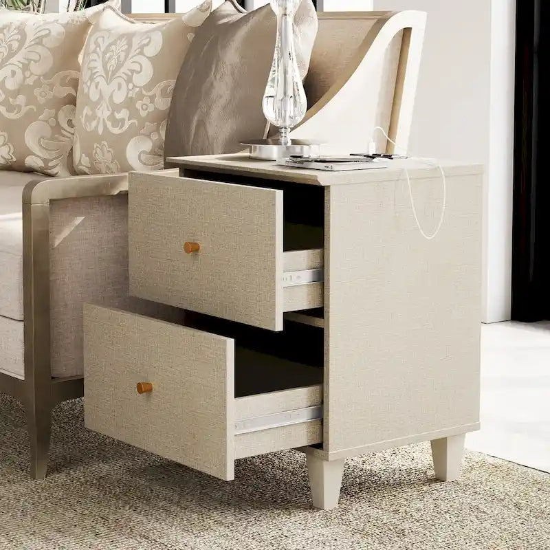 Table d'appoint avec station de recharge et 2 tiroirs, table de chevet moderne pour salon