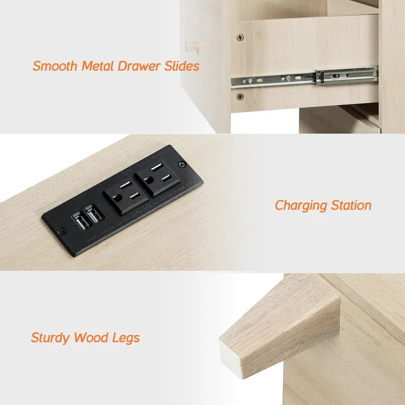 Table d'appoint avec station de recharge et 2 tiroirs, table de chevet moderne pour salon
