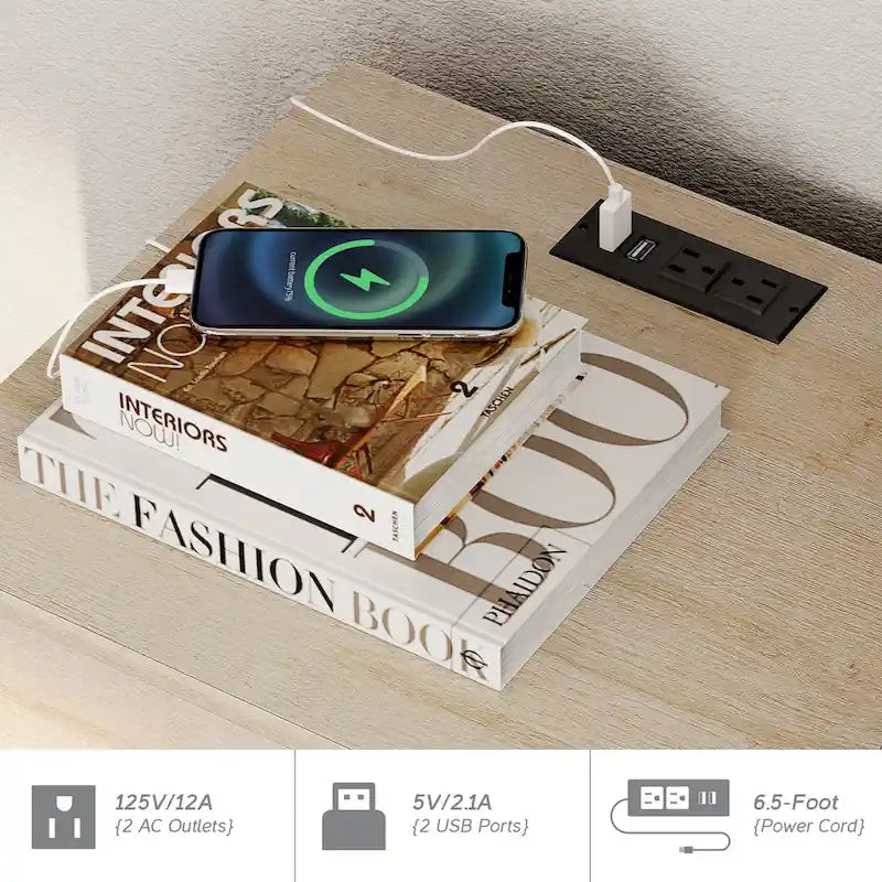 Table d'appoint avec station de recharge et 2 tiroirs, table de chevet moderne pour salon