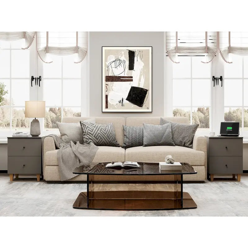 Table d'appoint avec station de recharge et 2 tiroirs, table de chevet moderne pour salon
