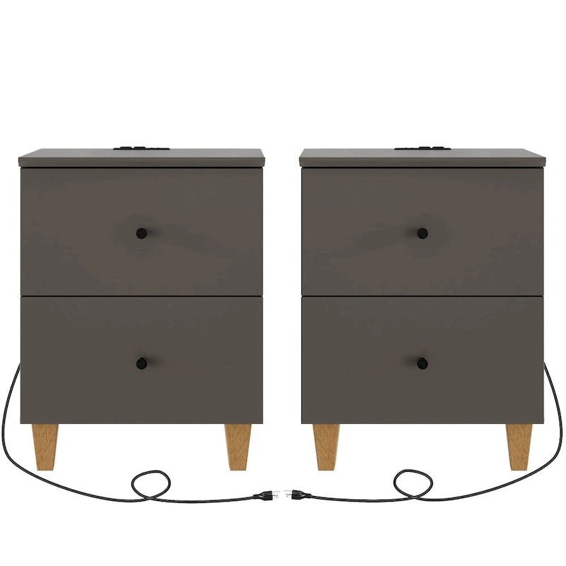 Table d'appoint avec station de recharge et 2 tiroirs, table de chevet moderne pour salon