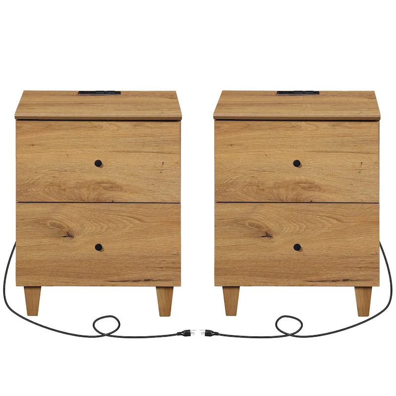 Table d'appoint avec station de recharge et 2 tiroirs, table de chevet moderne pour salon